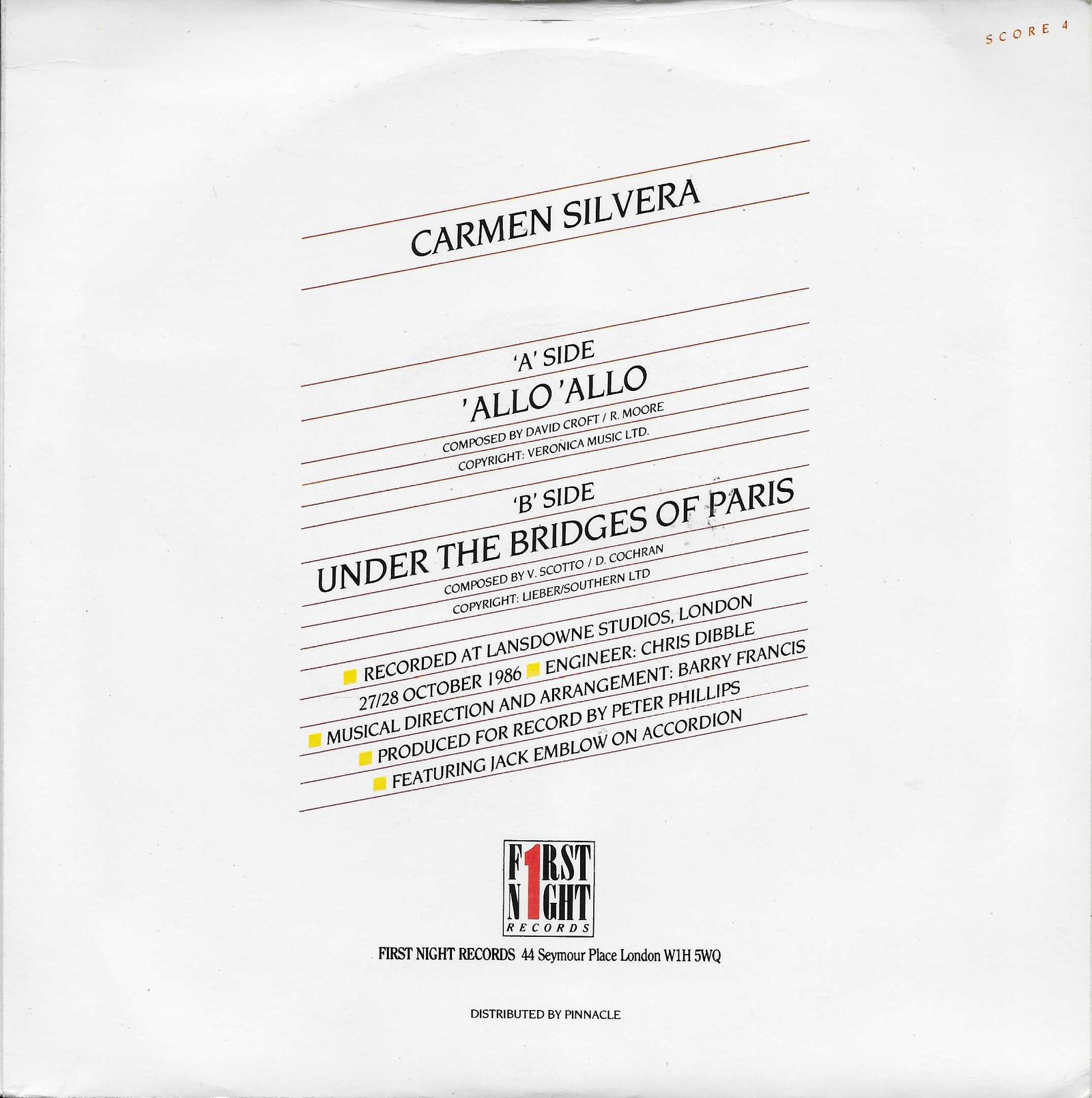 SCORE 4 'Allo 'Allo David Croft / R Moore / Carmen Silvera from the BBC records and Tapes library Back cover of SCORE 4
